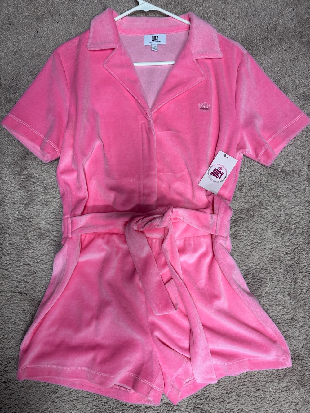 Juicy Couture Pink Velour Belted Romper Medium NWT